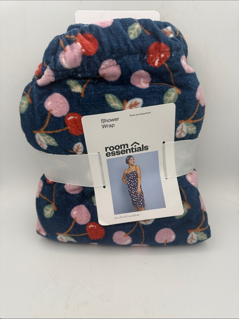Target Room Essentials Navy absorbent Shower Wrap with Cherry Print NWT